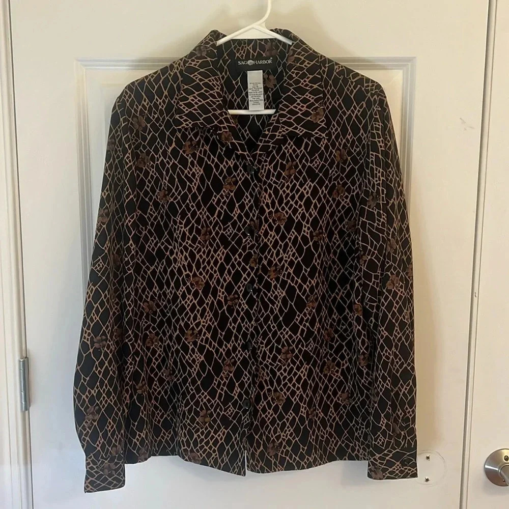 Sag Harbor Button Up Shirt Women's 16 Black Brown Floral Web Long Sleeves Top